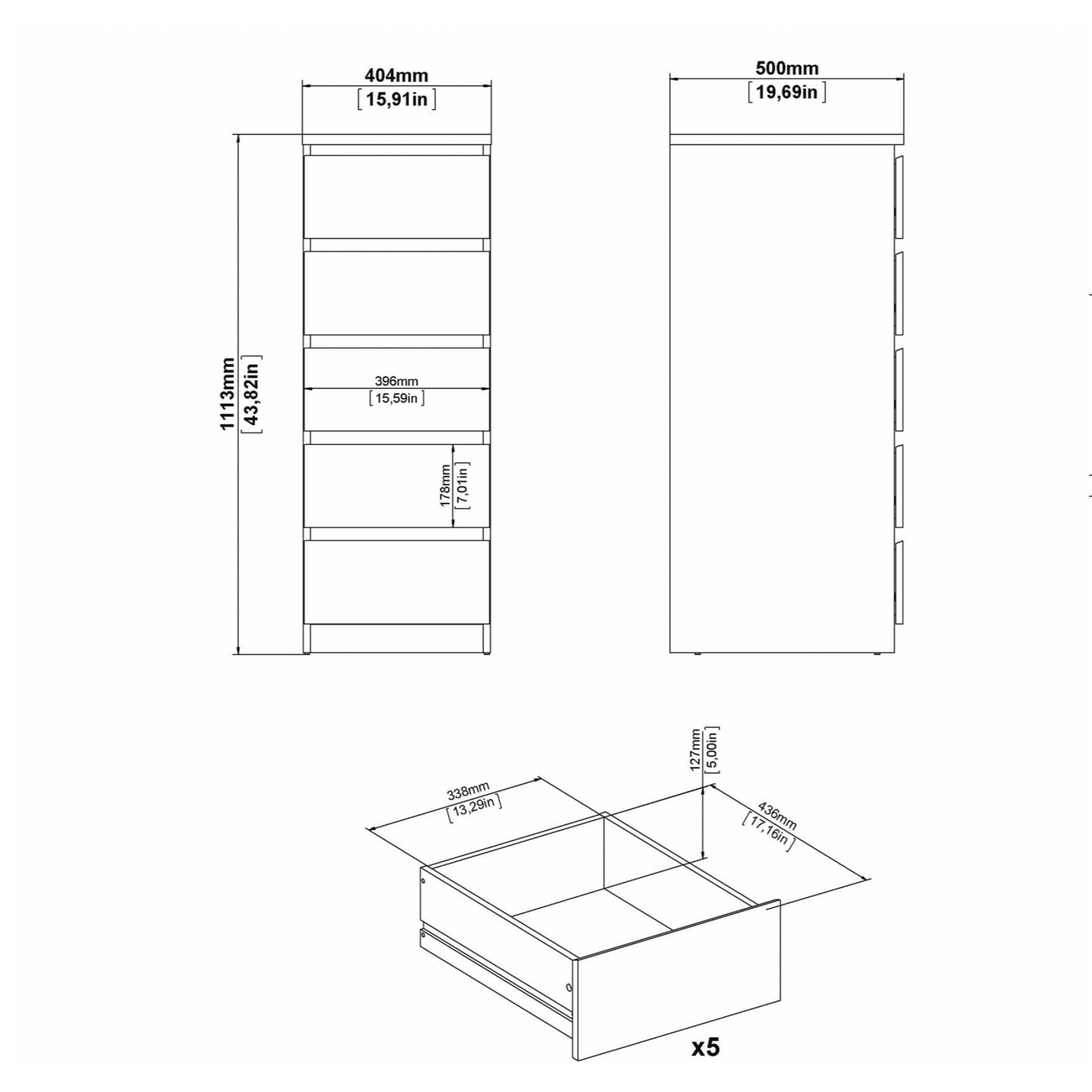 Naia Narrow Chest of 5 Drawers in Concrete and White High Gloss – FTG, view 8