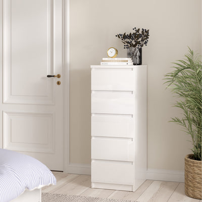 Naia Narrow Chest of 5 Drawers in White High Gloss – FTG, view 5