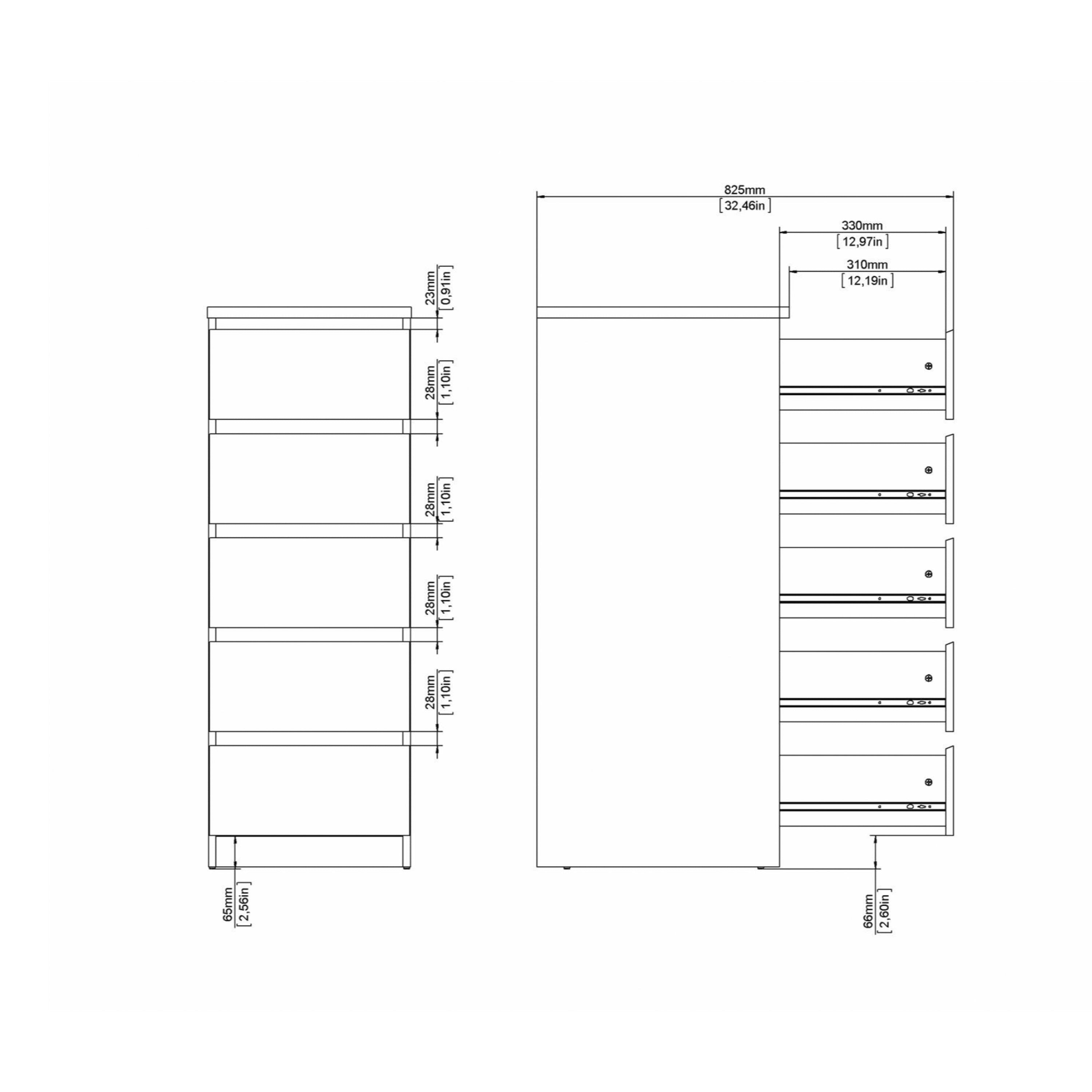 Naia Narrow Chest of 5 Drawers in White High Gloss – FTG, view 9