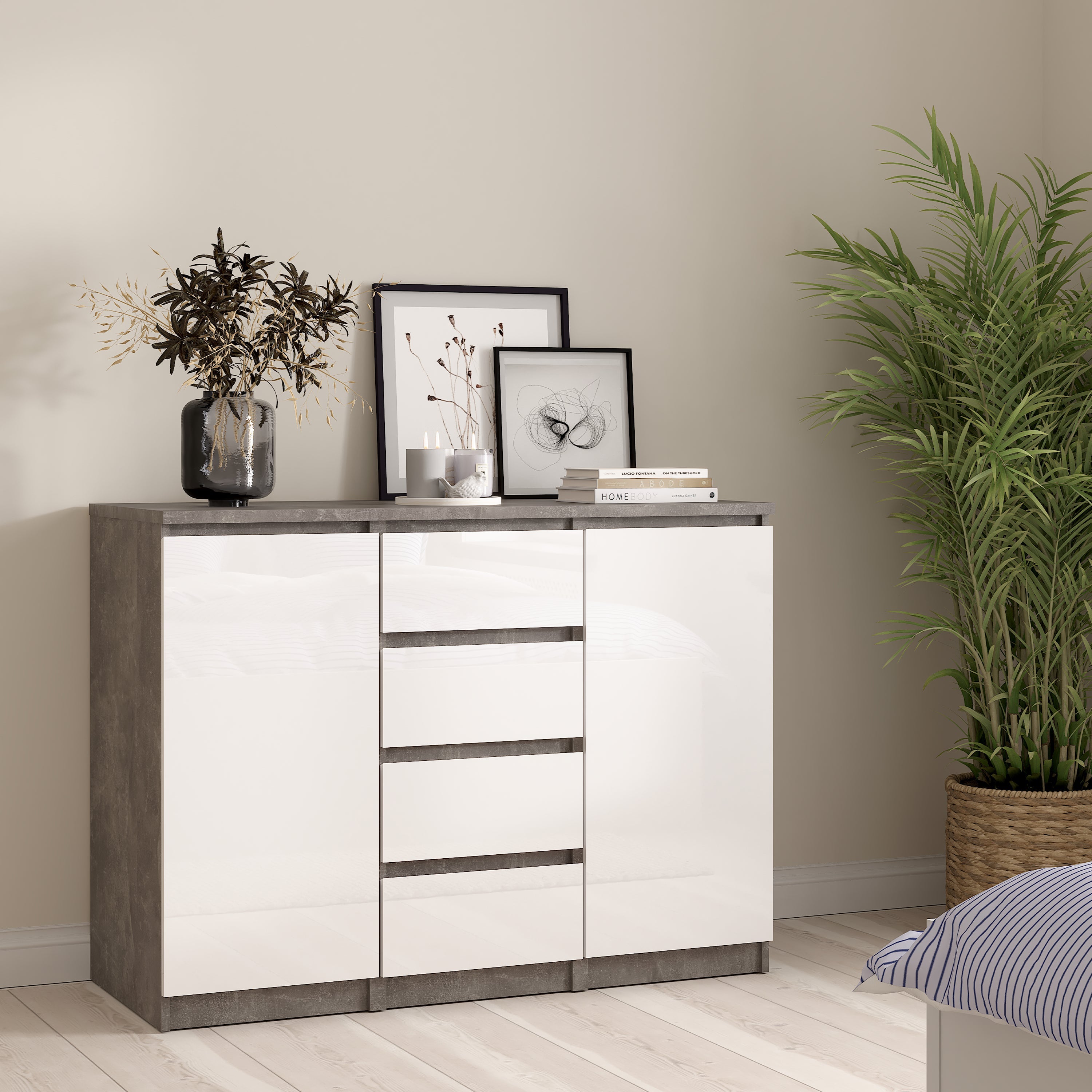 Naia Sideboard 4 Drawers 2 Doors in Concrete and White High Gloss – FTG, view 5