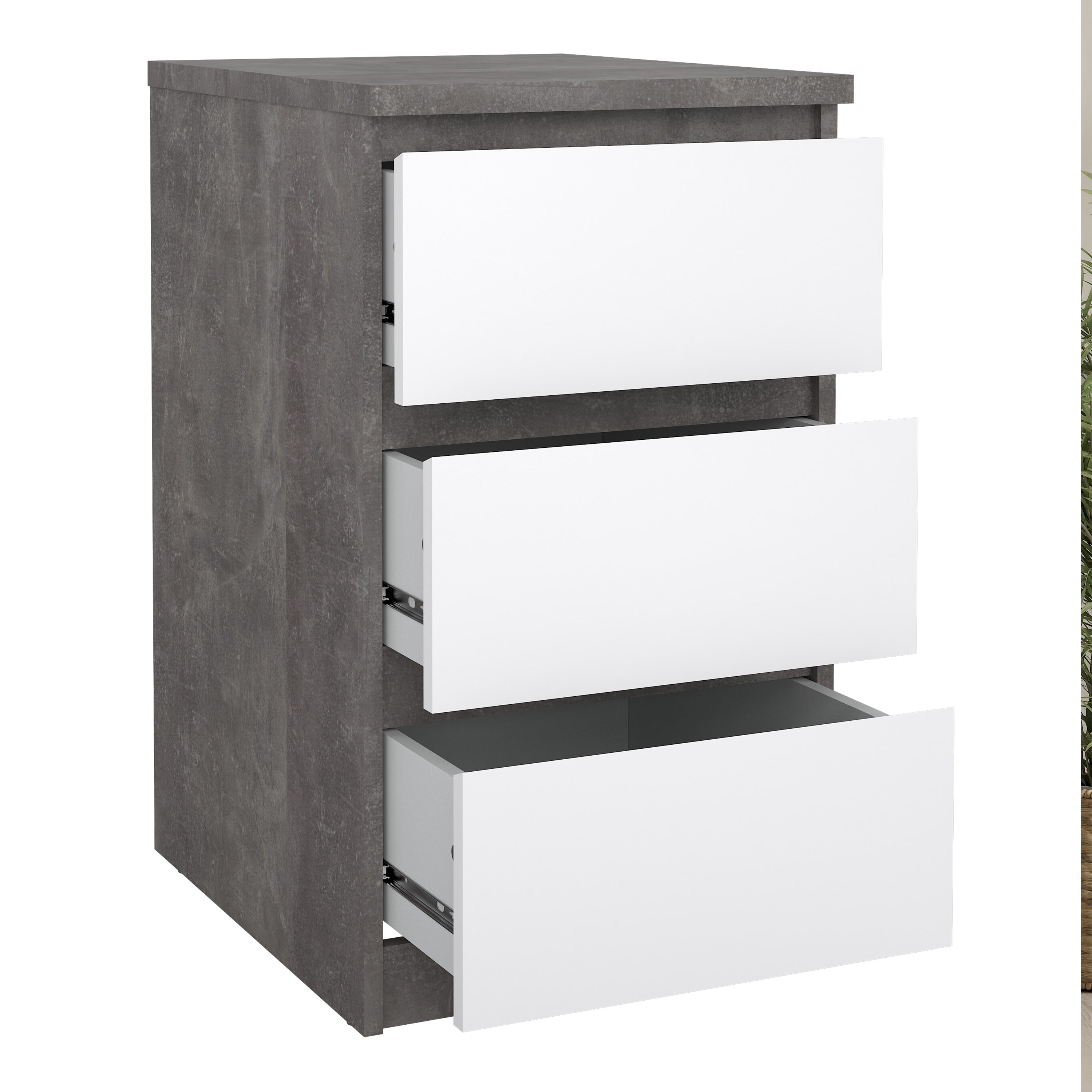 Naia Bedside 3 Drawers in Concrete and White High Gloss – FTG, view 4