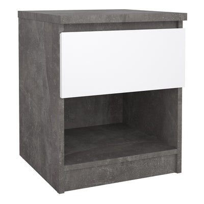 Naia Bedside 1 Drawer 1 Shelf in Concrete and White High Gloss – FTG