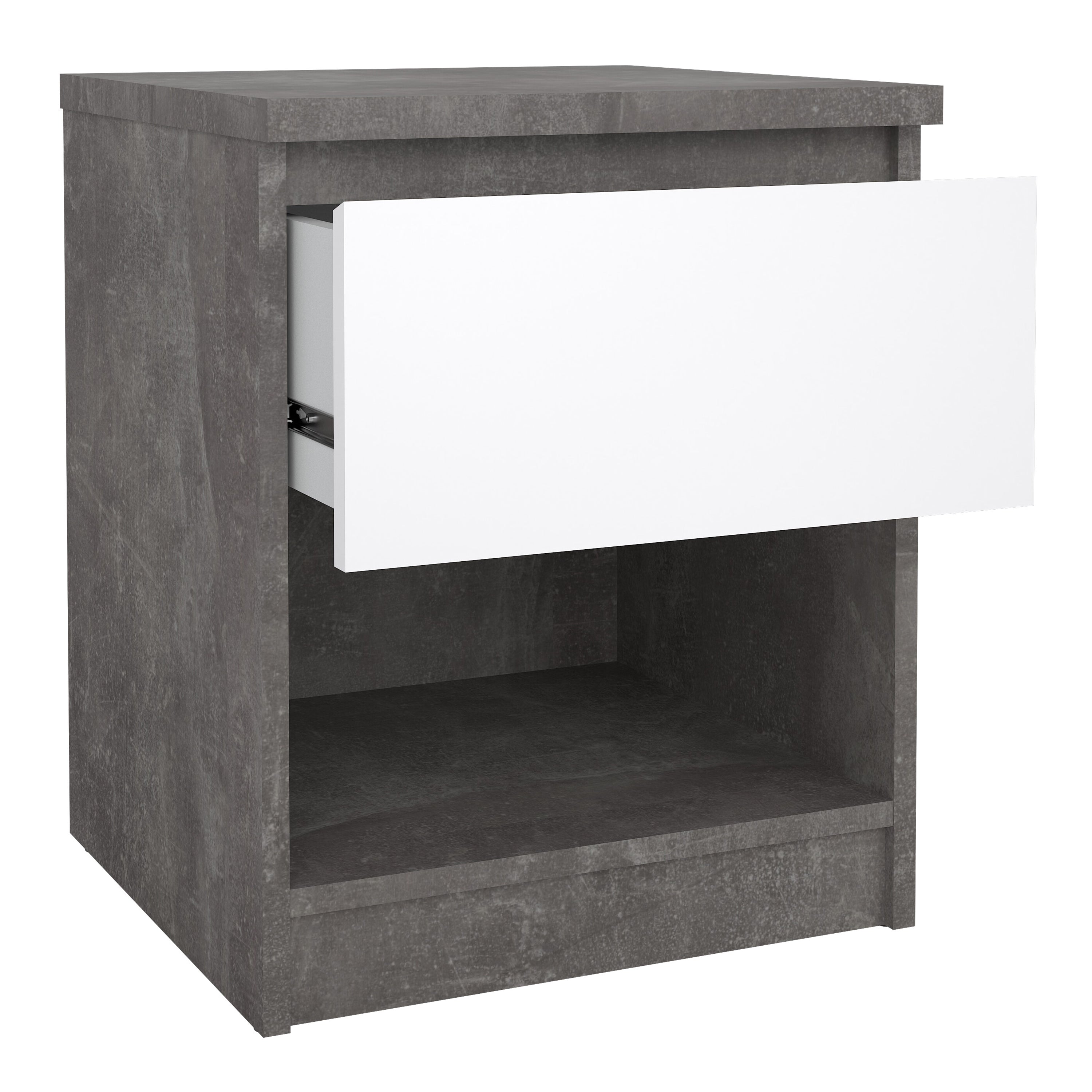 Naia Bedside 1 Drawer 1 Shelf in Concrete and White High Gloss – FTG, view 4