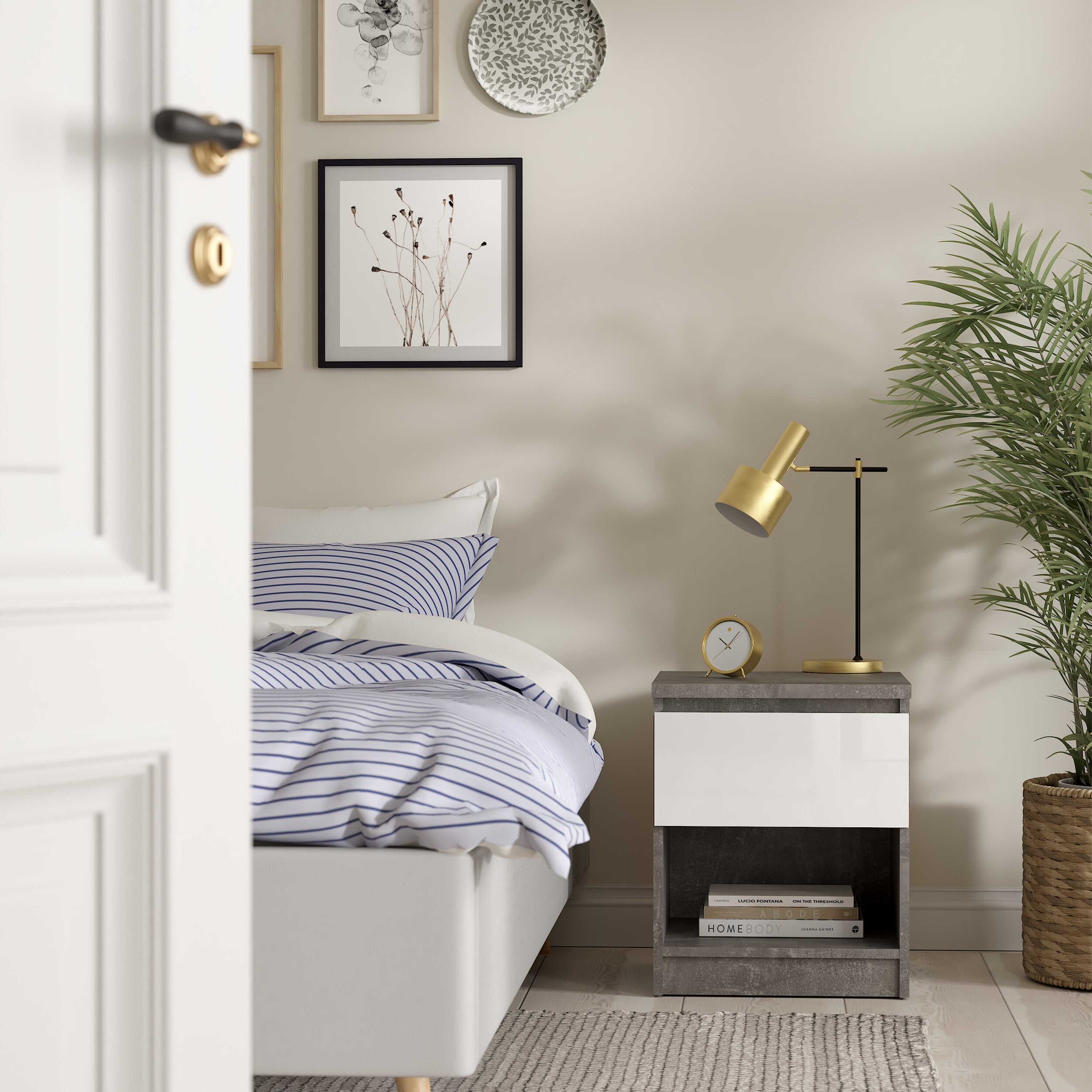 Naia Bedside 1 Drawer 1 Shelf in Concrete and White High Gloss – FTG, view 5
