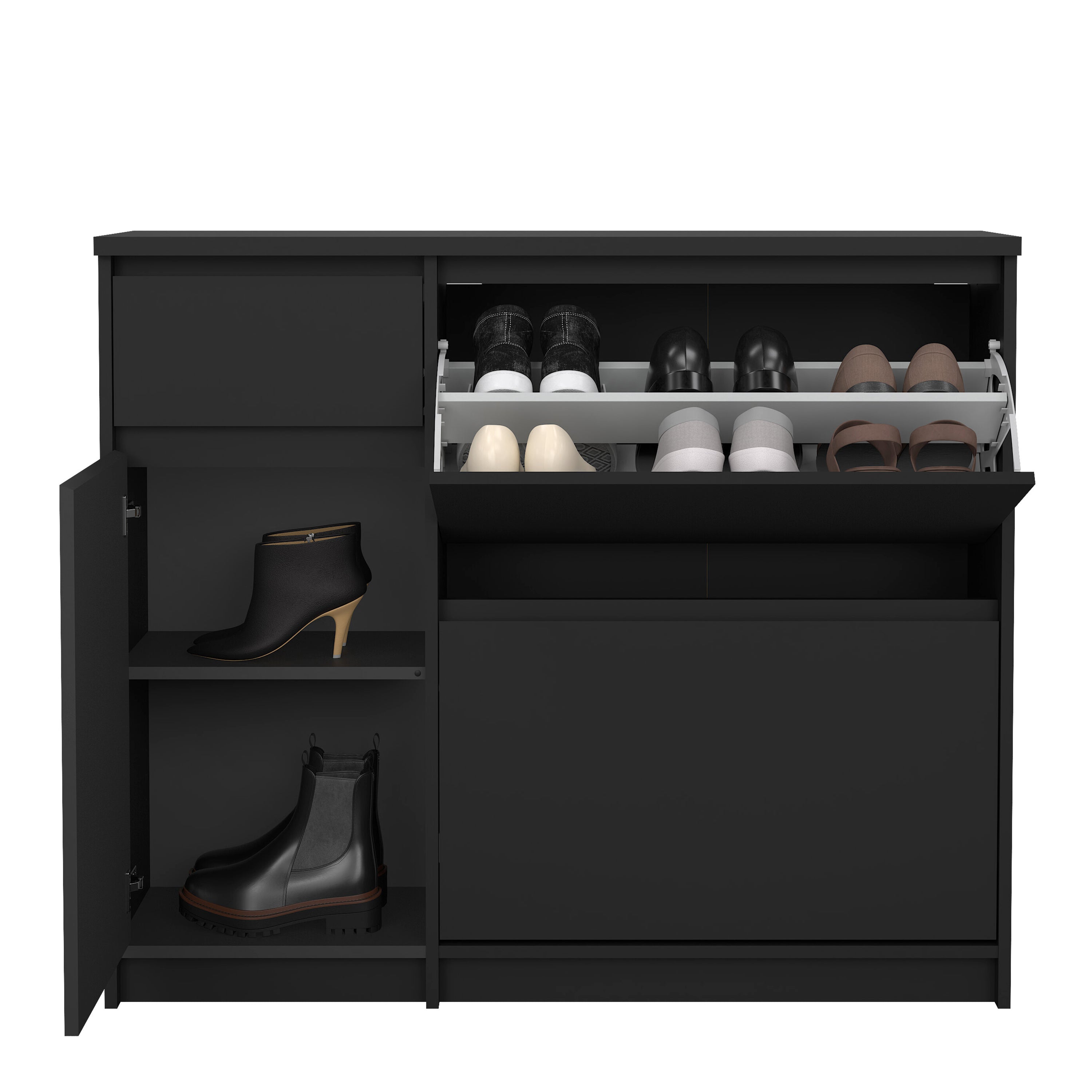 Naia Shoe Cabinet with 2 Flip Down Doors 1 Door and 1 Drawer in Black Matt – FTG, view 9