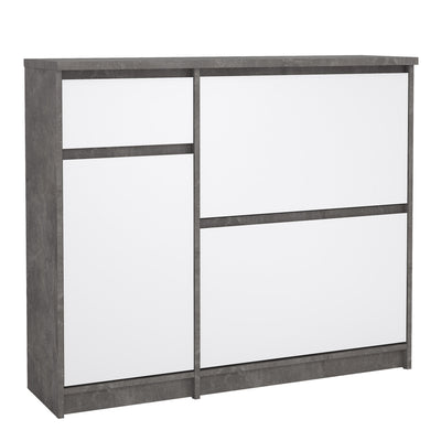 Naia Shoe Cabinet with 2 Flip Down Doors 1 Door and 1 Drawer in Concrete and White High Gloss – FTG