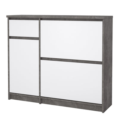Naia Shoe Cabinet with 2 Flip Down Doors 1 Door and 1 Drawer in Concrete and White High Gloss – FTG, view 2