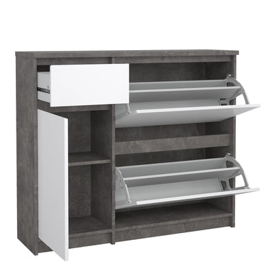 Naia Shoe Cabinet with 2 Flip Down Doors 1 Door and 1 Drawer in Concrete and White High Gloss – FTG, view 4