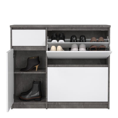 Naia Shoe Cabinet with 2 Flip Down Doors 1 Door and 1 Drawer in Concrete and White High Gloss – FTG, view 7