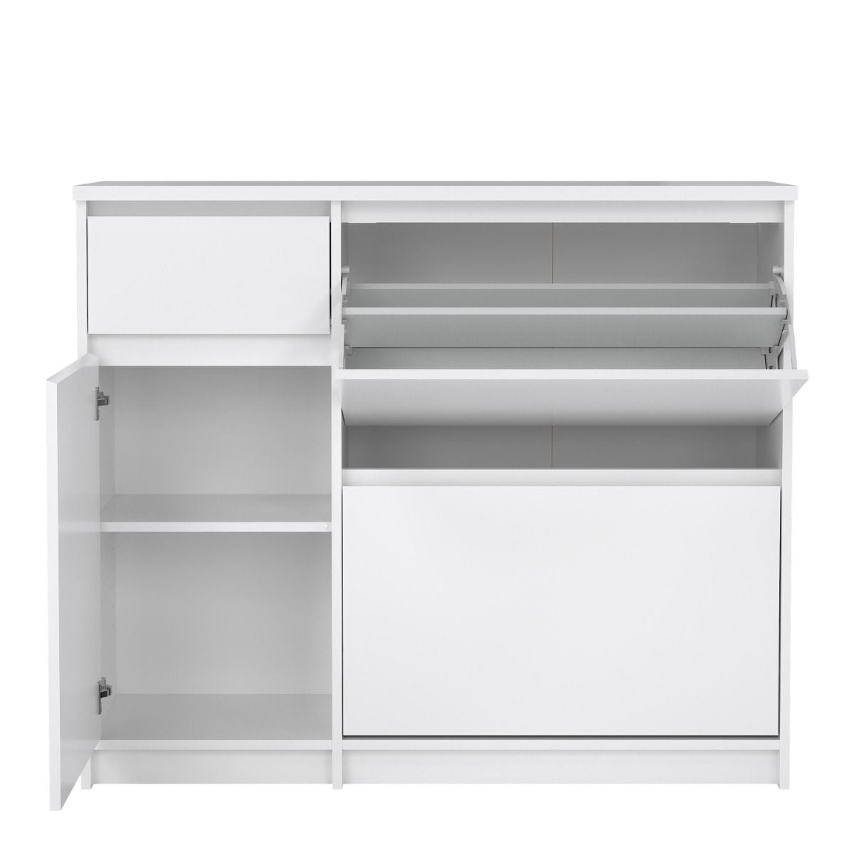 Naia Shoe Cabinet with 2 Flip Down Doors 1 Door and 1 Drawer in White High Gloss – FTG, view 6
