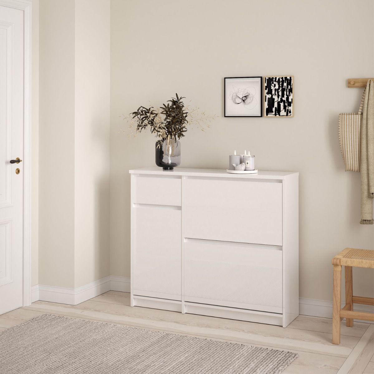 Naia Shoe Cabinet with 2 Flip Down Doors 1 Door and 1 Drawer in White High Gloss – FTG, view 11