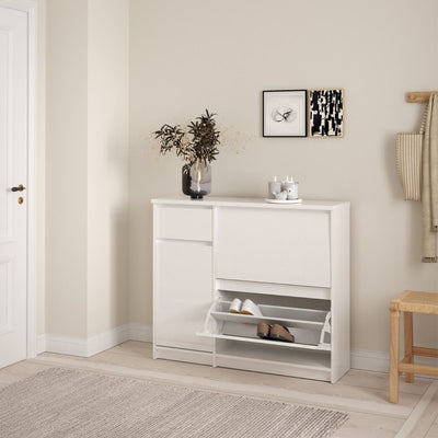 Naia Shoe Cabinet with 2 Flip Down Doors 1 Door and 1 Drawer in White High Gloss – FTG, view 2