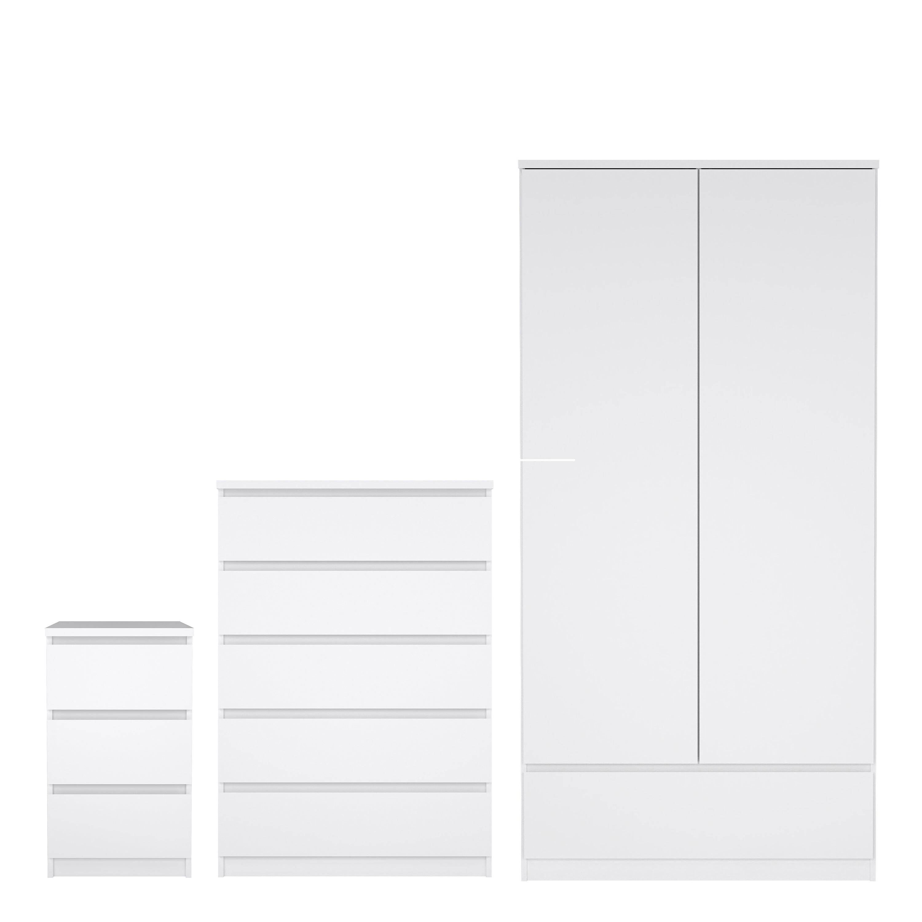 Naia Package - Bedside 3 Drawers + Chest of 5 Drawers + Wardrobe with 2 Doors + 1 Drawer in White High Gloss – FTG