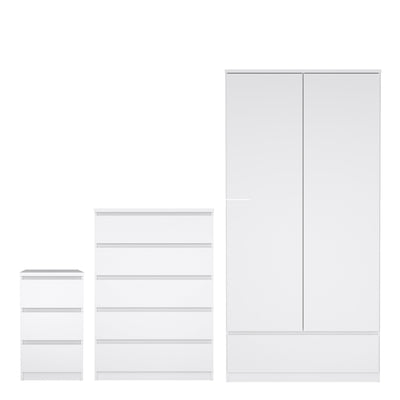 Naia Package - Bedside 3 Drawers + Chest of 5 Drawers + Wardrobe with 2 Doors + 1 Drawer in White High Gloss – FTG