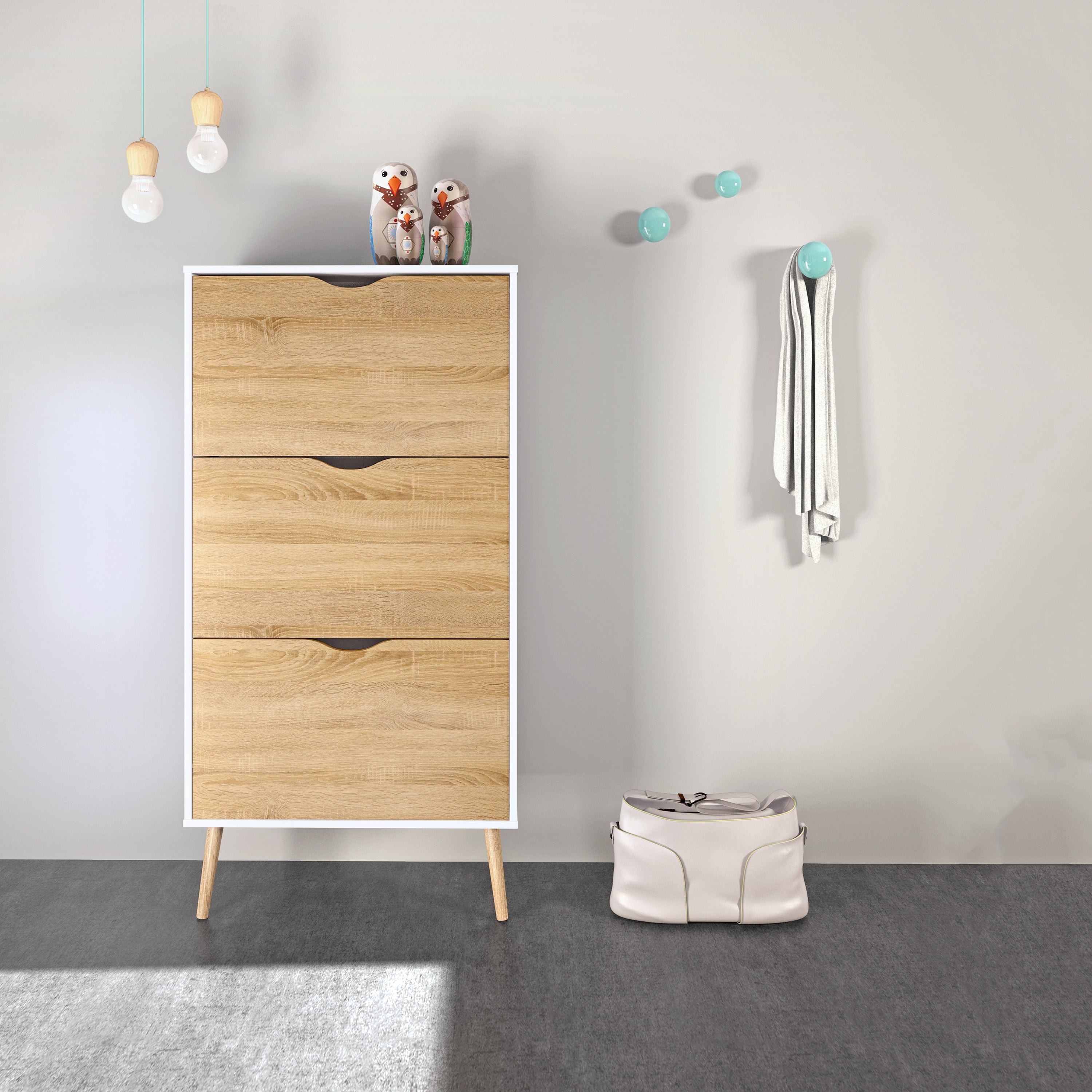 Oslo Shoe Cabinet 3 Drawers in White and Oak – FTG, view 5