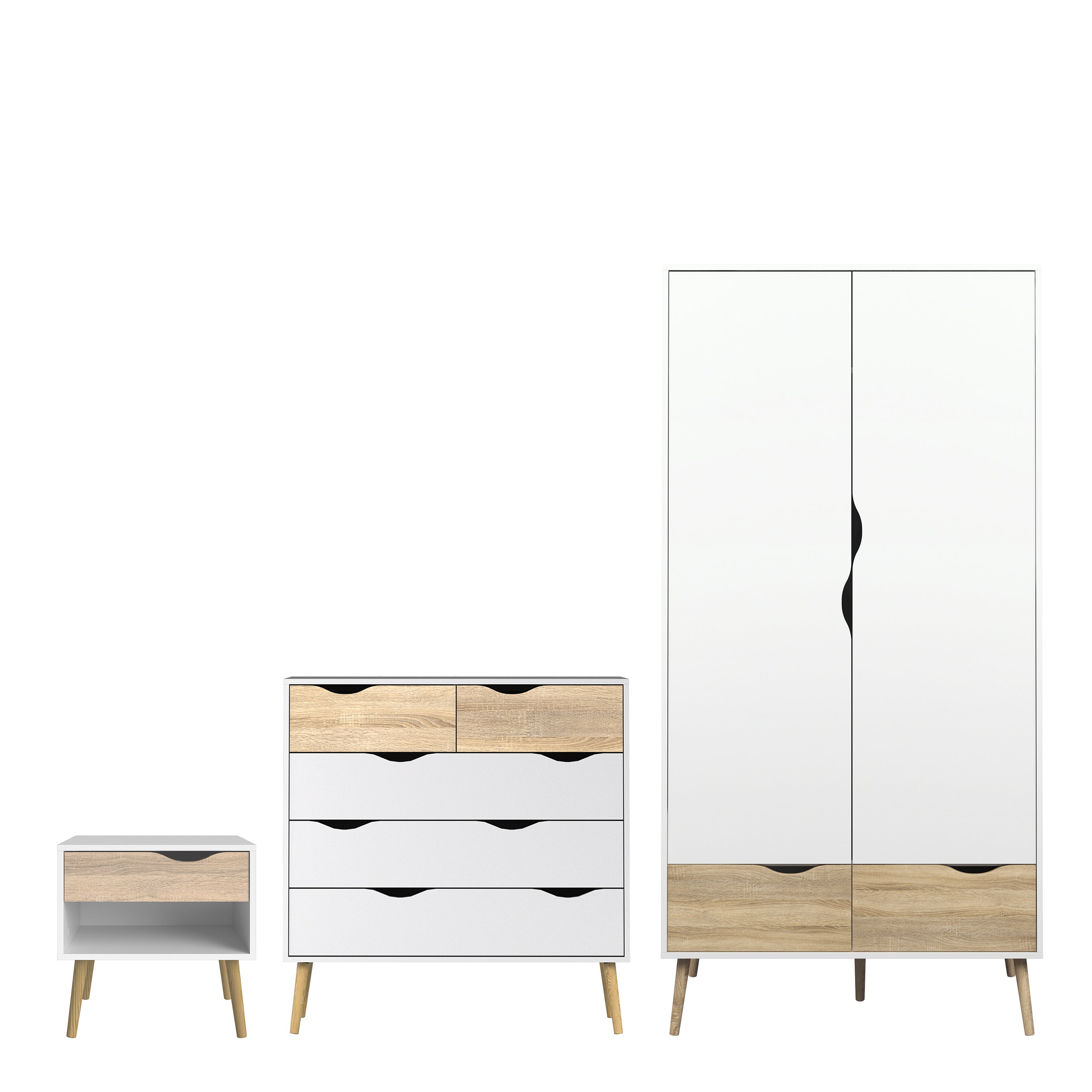 Oslo Package - Bedside 1 Drawer + Chest of 5 Drawers (2+3) + Wardrobe 2 Doors 2 Drawers in White and Oak – FTG