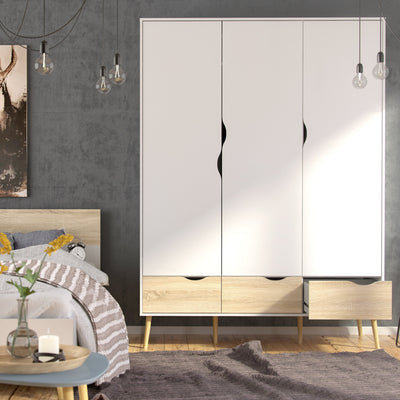 Oslo Package - Bedside 1 Drawer + Chest of 5 Drawers (2+3) + Wardrobe 3 Doors 3 Drawers in White and Oak – FTG, view 10