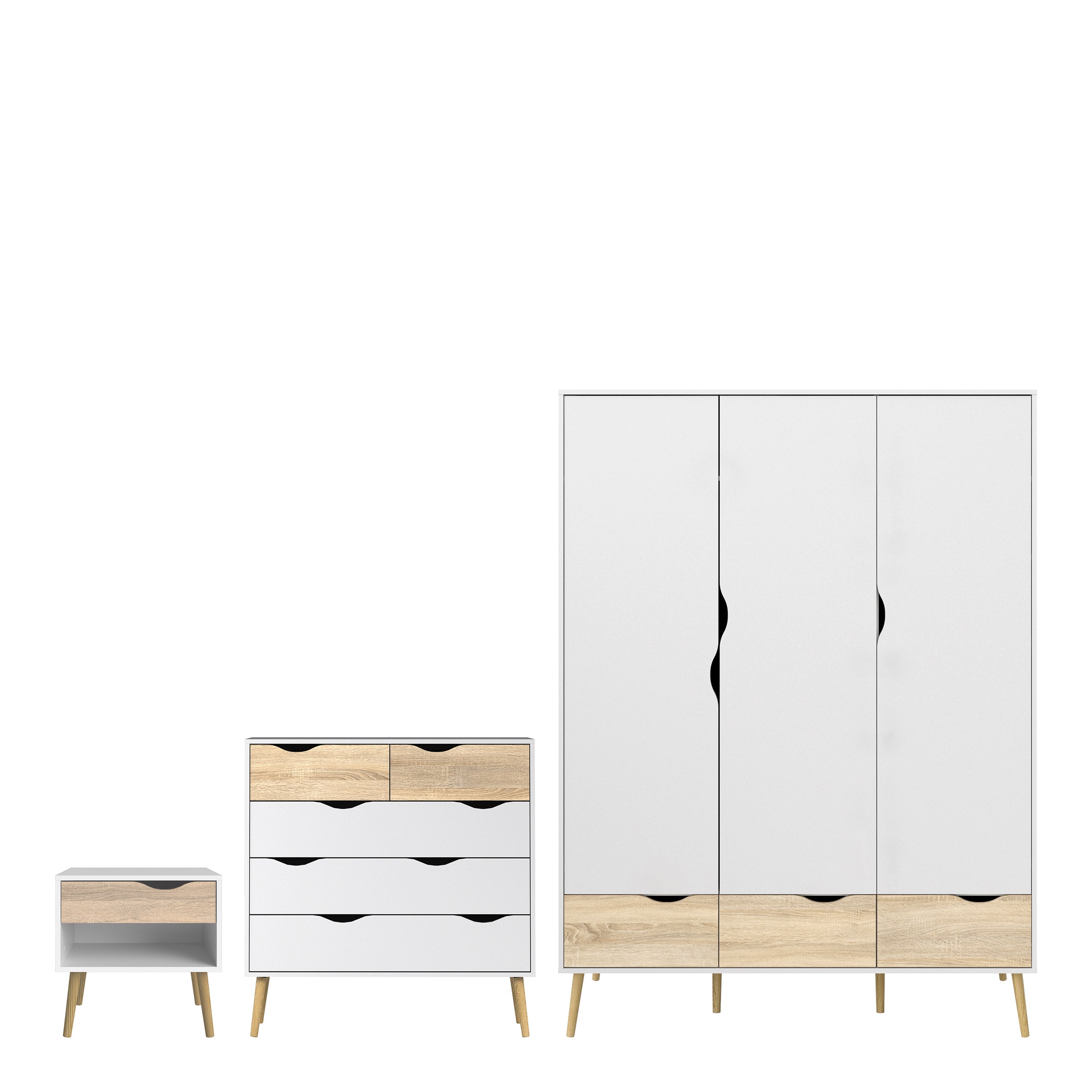 Oslo Package - Bedside 1 Drawer + Chest of 5 Drawers (2+3) + Wardrobe 3 Doors 3 Drawers in White and Oak – FTG