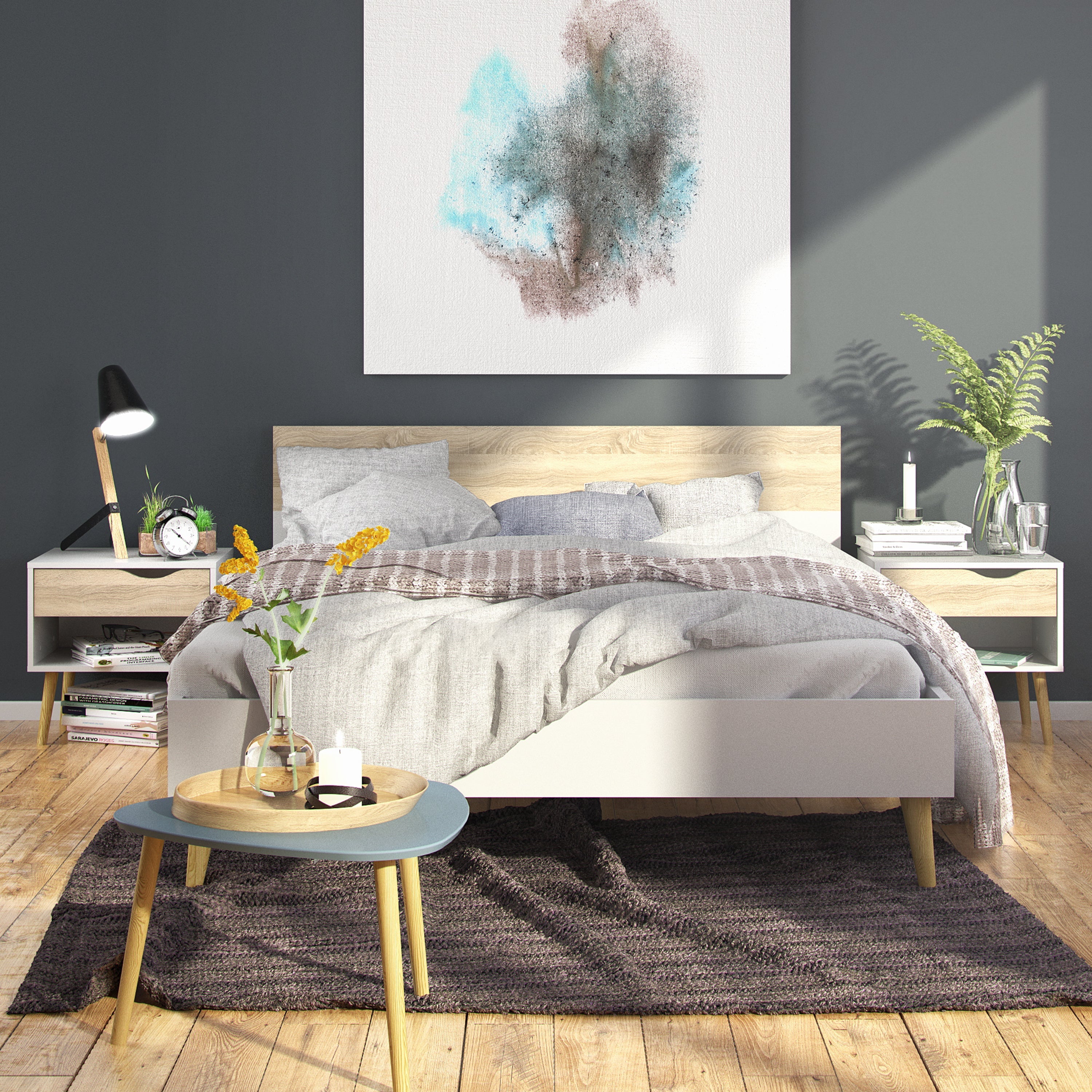 Oslo Package - Bedside 1 Drawer + Chest of 5 Drawers (2+3) + Wardrobe 3 Doors 3 Drawers in White and Oak – FTG, view 4