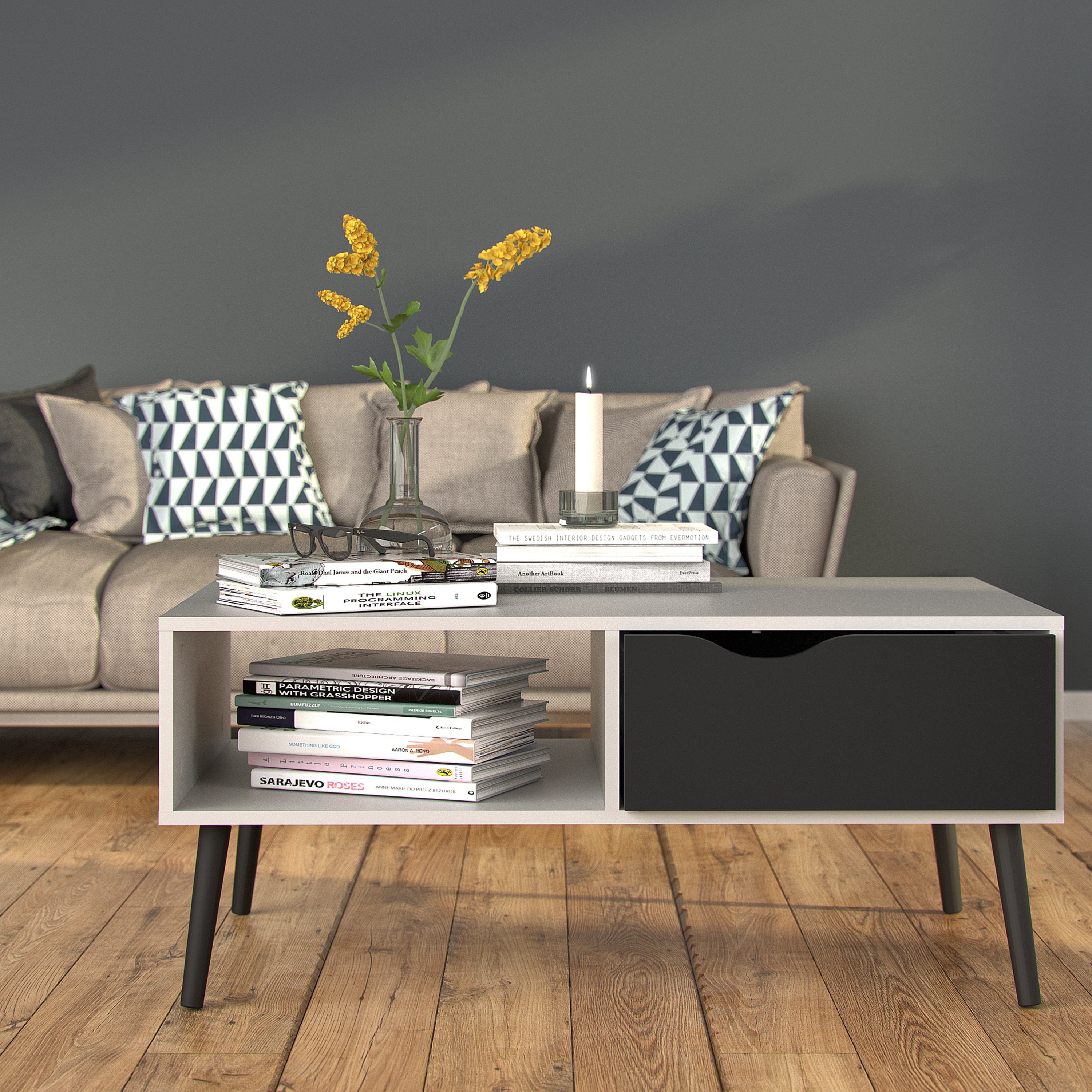 Oslo Coffee Table 1 Drawer 1 Shelf in White and Black Matt – FTG, view 6