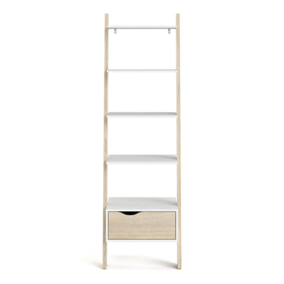 Oslo Leaning Bookcase 1 Drawer in White and Oak – FTG, view 2