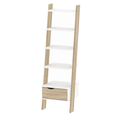 Oslo Leaning Bookcase 1 Drawer in White and Oak – FTG, view 3