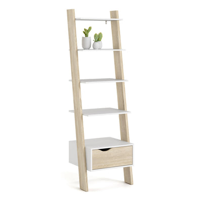 Oslo Leaning Bookcase 1 Drawer in White and Oak – FTG, view 4