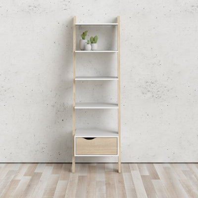 Oslo Leaning Bookcase 1 Drawer in White and Oak – FTG, view 5