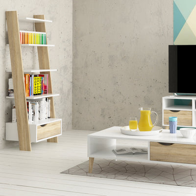 Oslo Leaning Bookcase 1 Drawer in White and Oak – FTG, view 6