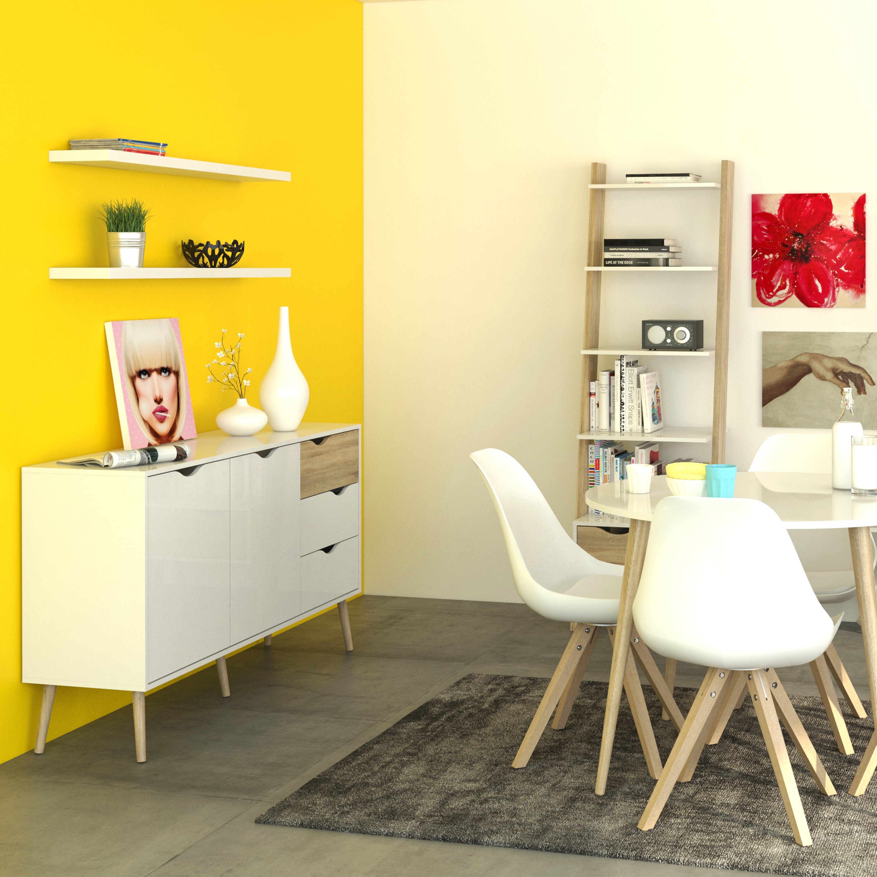 Oslo Leaning Bookcase 1 Drawer in White and Oak – FTG, view 8