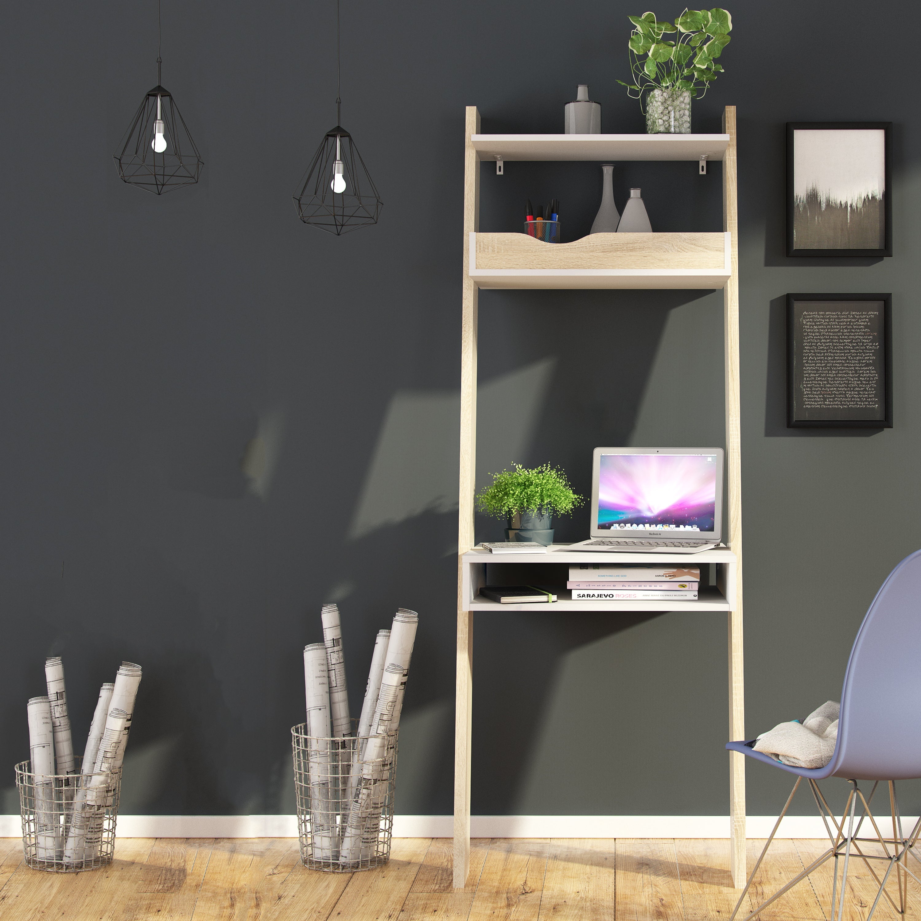 Oslo Leaning Desk in White and Oak – FTG, view 5