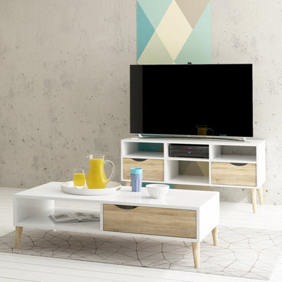 Oslo TV Unit Wide 2 Drawers 4 Shelves in White and Oak – FTG, view 5