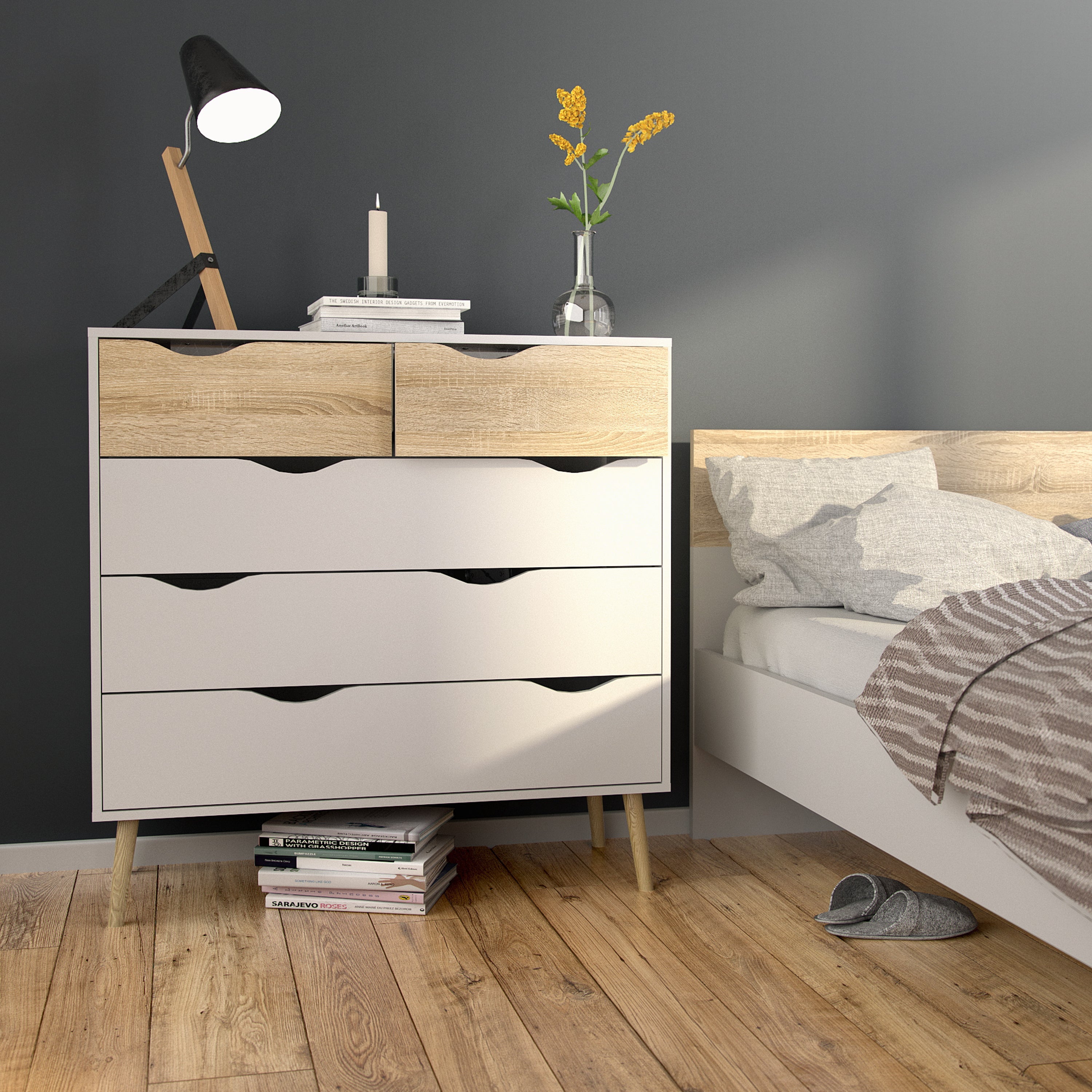 Oslo Chest of 5 Drawers in White and Oak – FTG, view 4