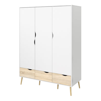 Oslo Wardrobe 3 Doors 3 Drawers in White and Oak – FTG, view 3