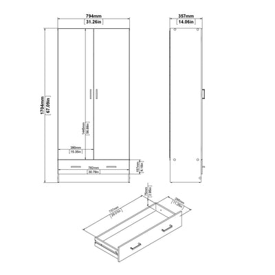 Space Wardrobe with 2 Doors + 1 Drawer in White 1750 – FTG, view 11