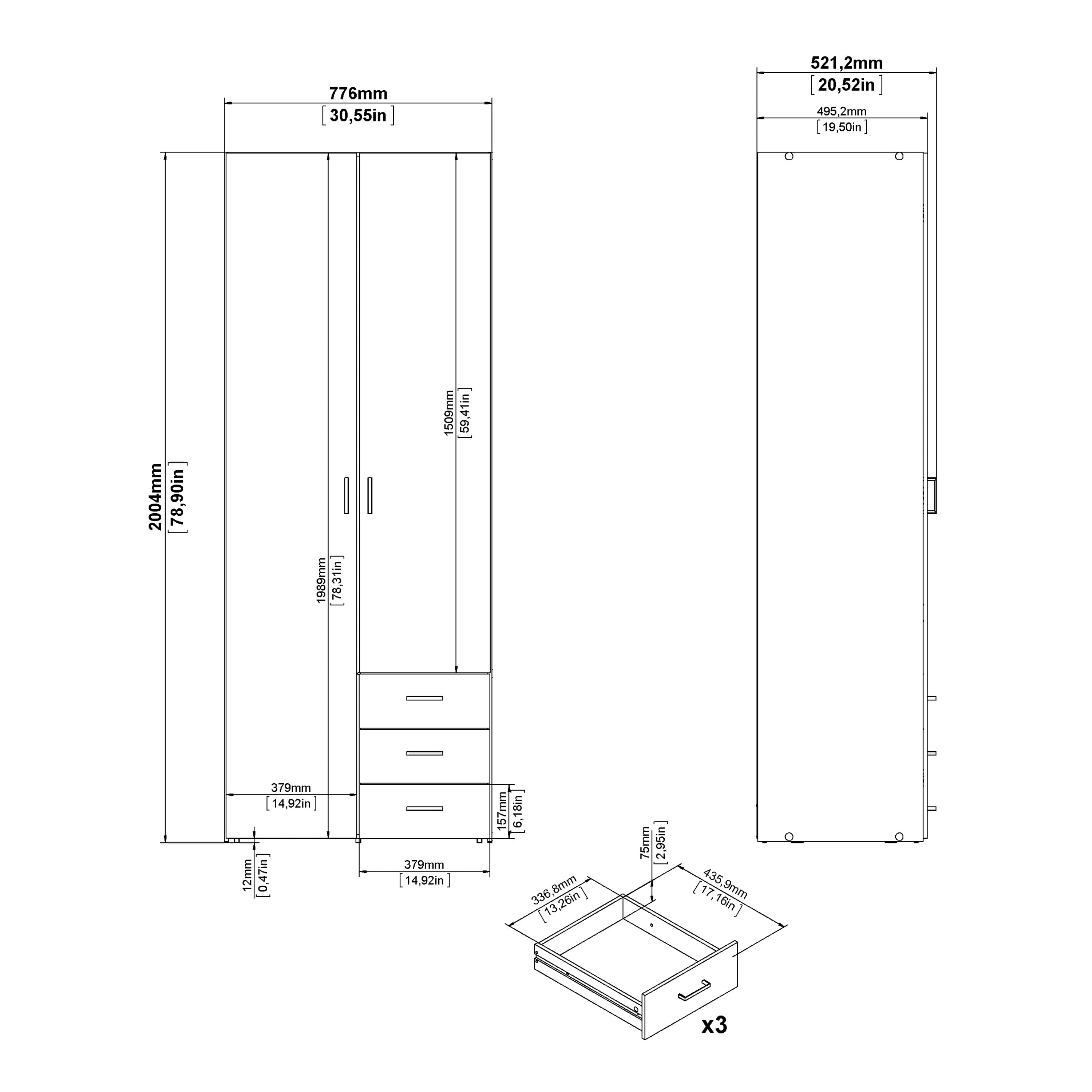Space Wardrobe 2 Doors 3 Drawers in Oak 2000 – FTG, view 13