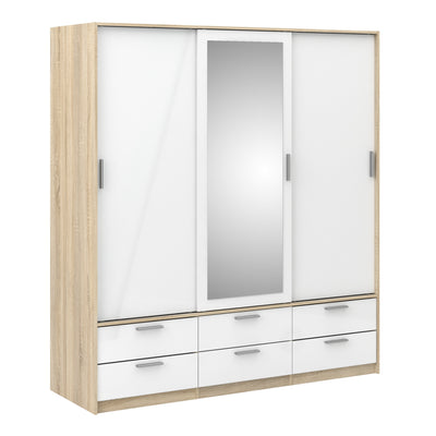 Line Wardrobe 3 Doors 6 Drawers in Oak with White High Gloss – FTG