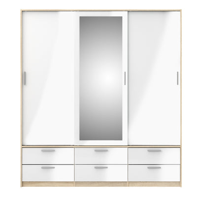 Line Wardrobe 3 Doors 6 Drawers in Oak with White High Gloss – FTG, view 2