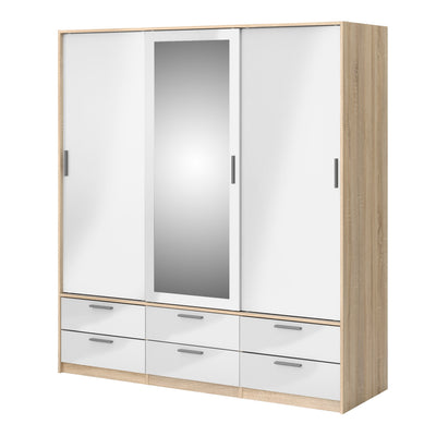 Line Wardrobe 3 Doors 6 Drawers in Oak with White High Gloss – FTG, view 3