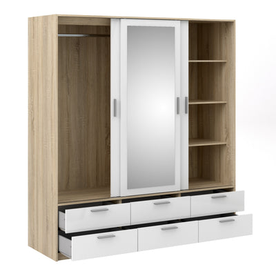 Line Wardrobe 3 Doors 6 Drawers in Oak with White High Gloss – FTG, view 4