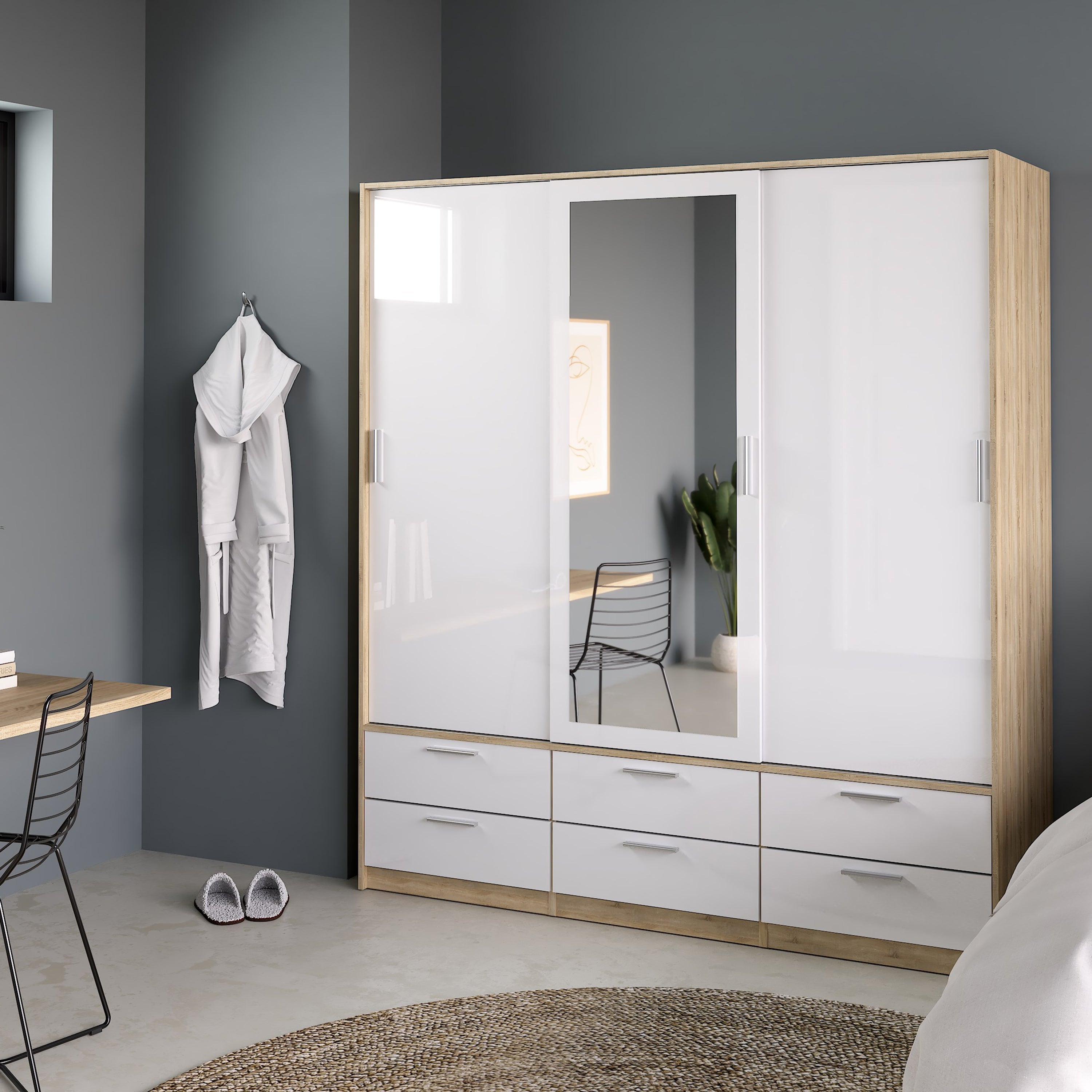 Line Wardrobe 3 Doors 6 Drawers in Oak with White High Gloss – FTG, view 7