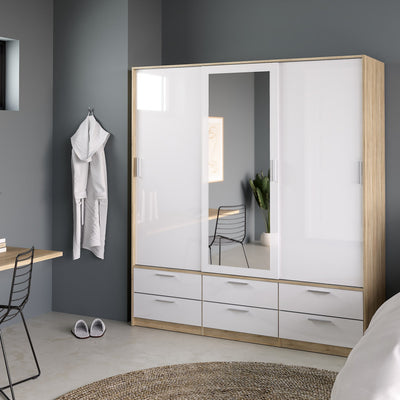 Line Wardrobe 3 Doors 6 Drawers in Oak with White High Gloss – FTG, view 7