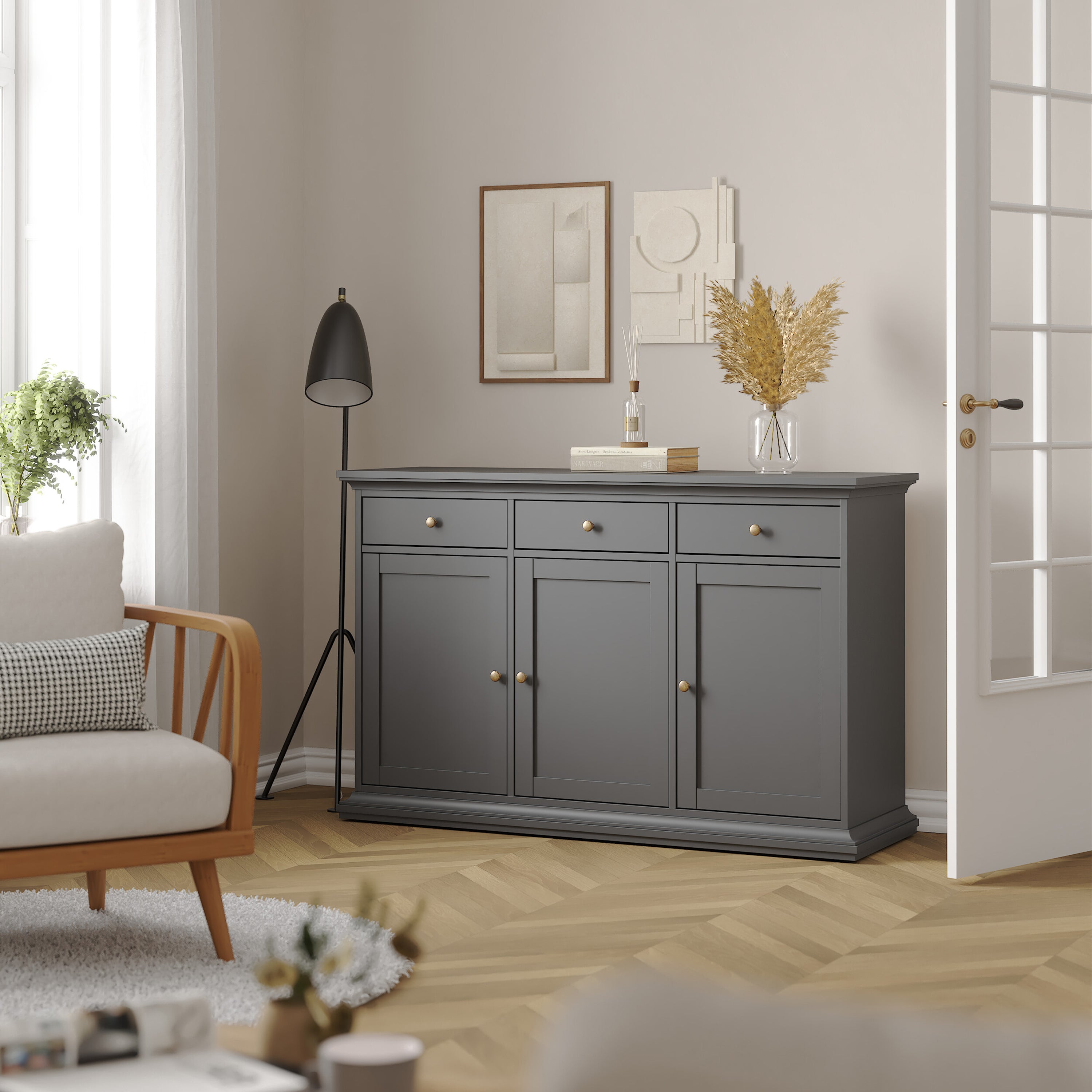 Paris Sideboard with 3 doors and 3 drawers in Matt Grey – FTG, view 8