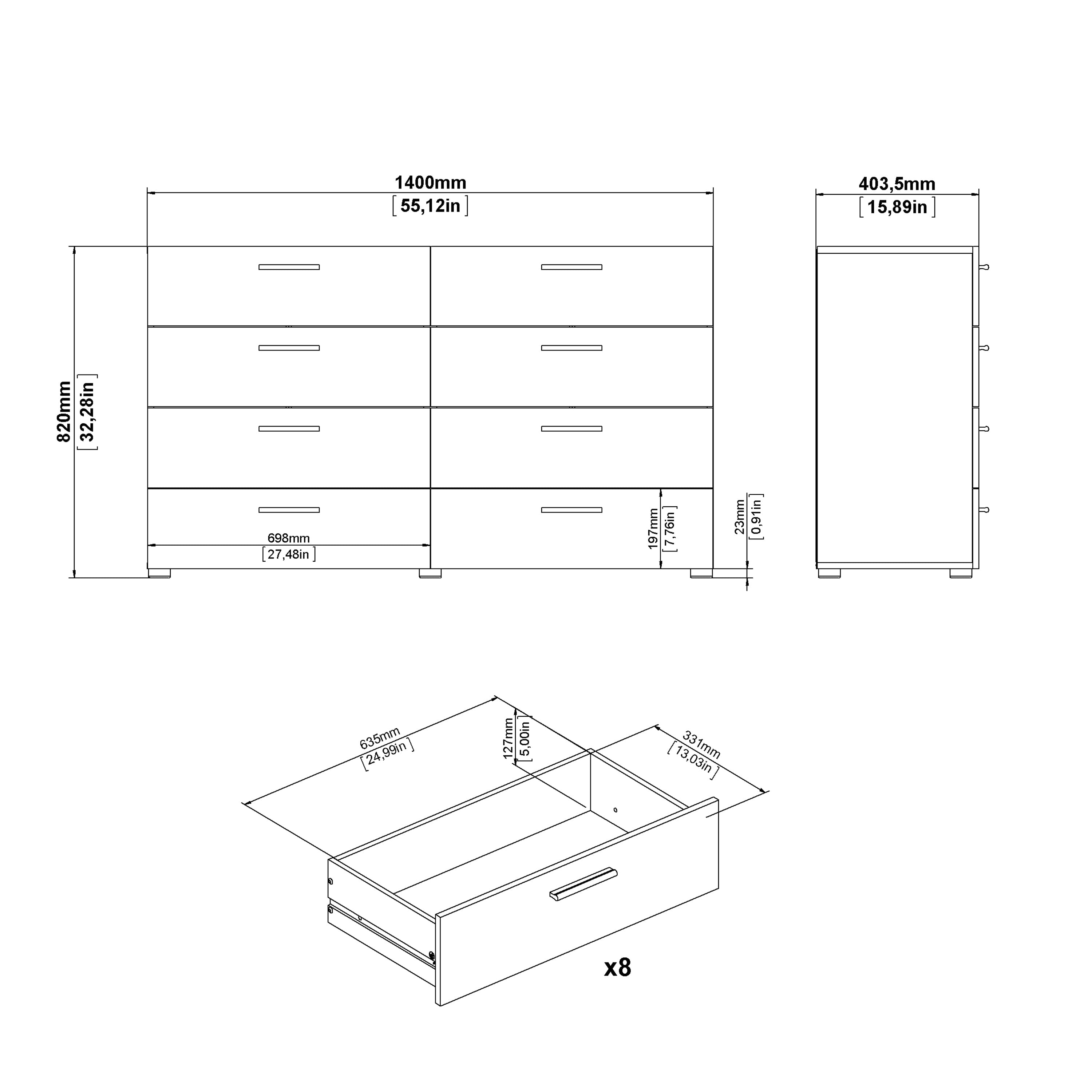 Pepe Wide Chest of 8 Drawers (4+4) in Oak structure/White High Gloss – FTG, view 8