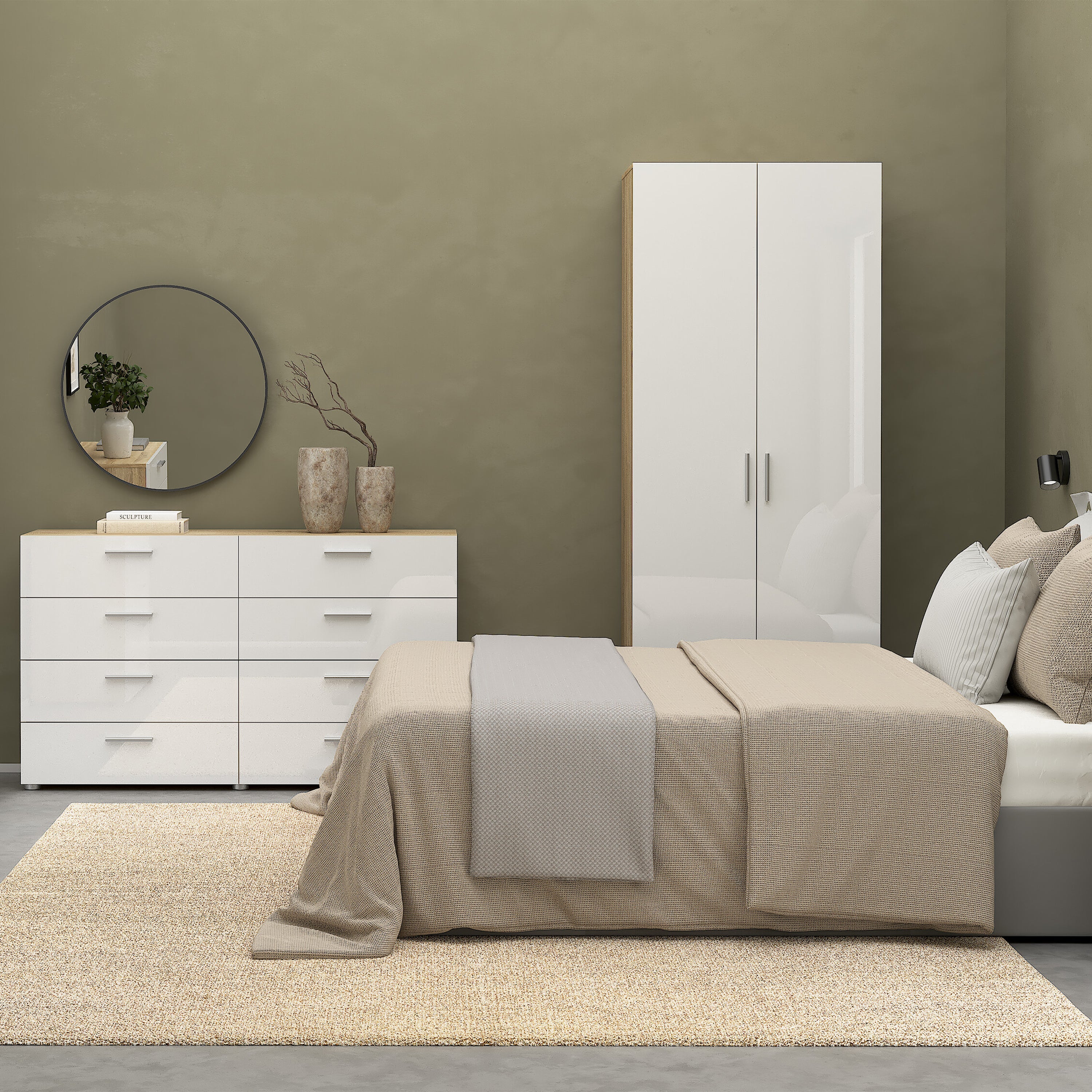 Pepe Package - Bedside 2 Drawers + Chest of 4 Drawers + Wardrobe with 2 Doors in Oak with White High Gloss – FTG, view 11