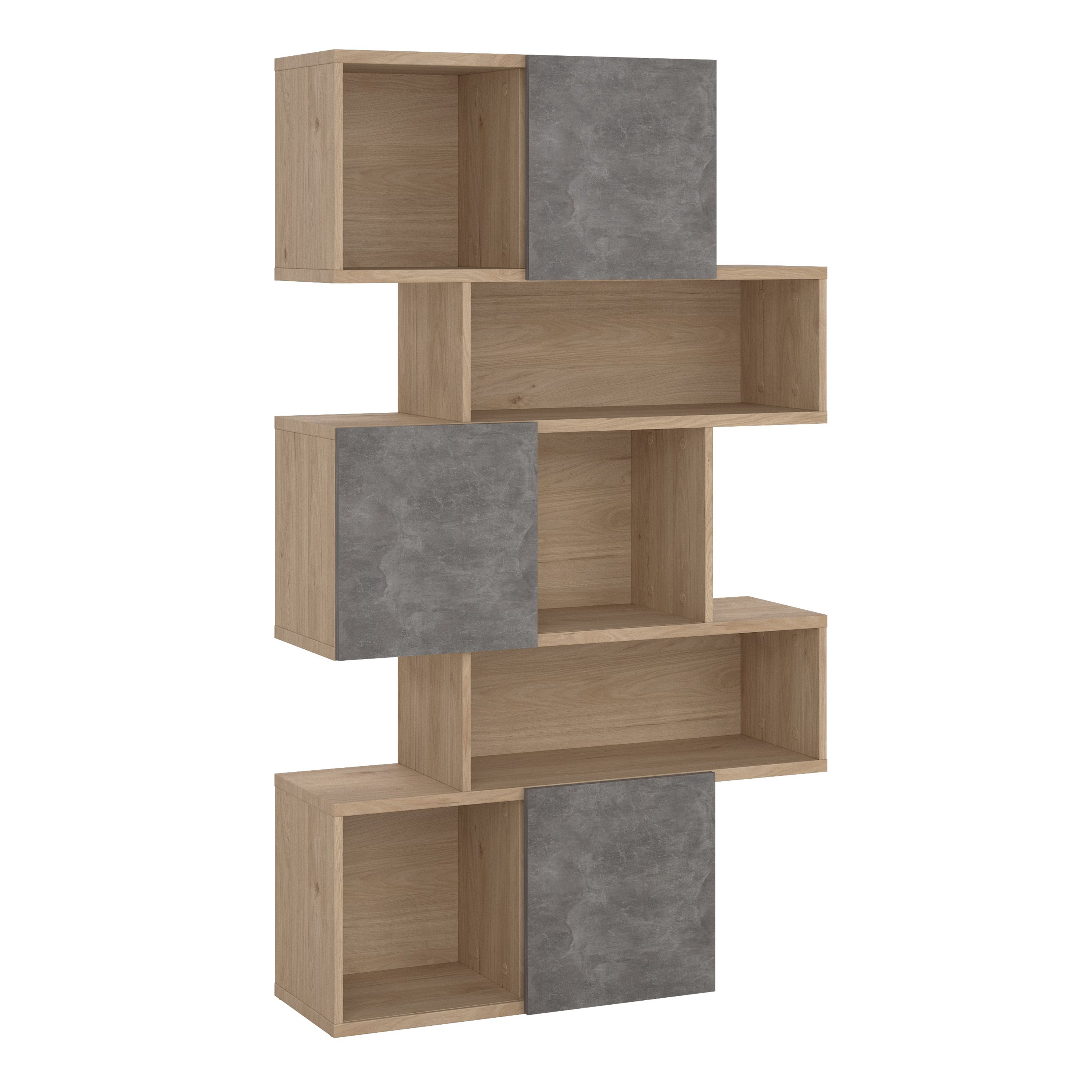 Maze Asymmetrical Bookcase with 3 Doors in Jackson Hickory and Concrete – FTG
