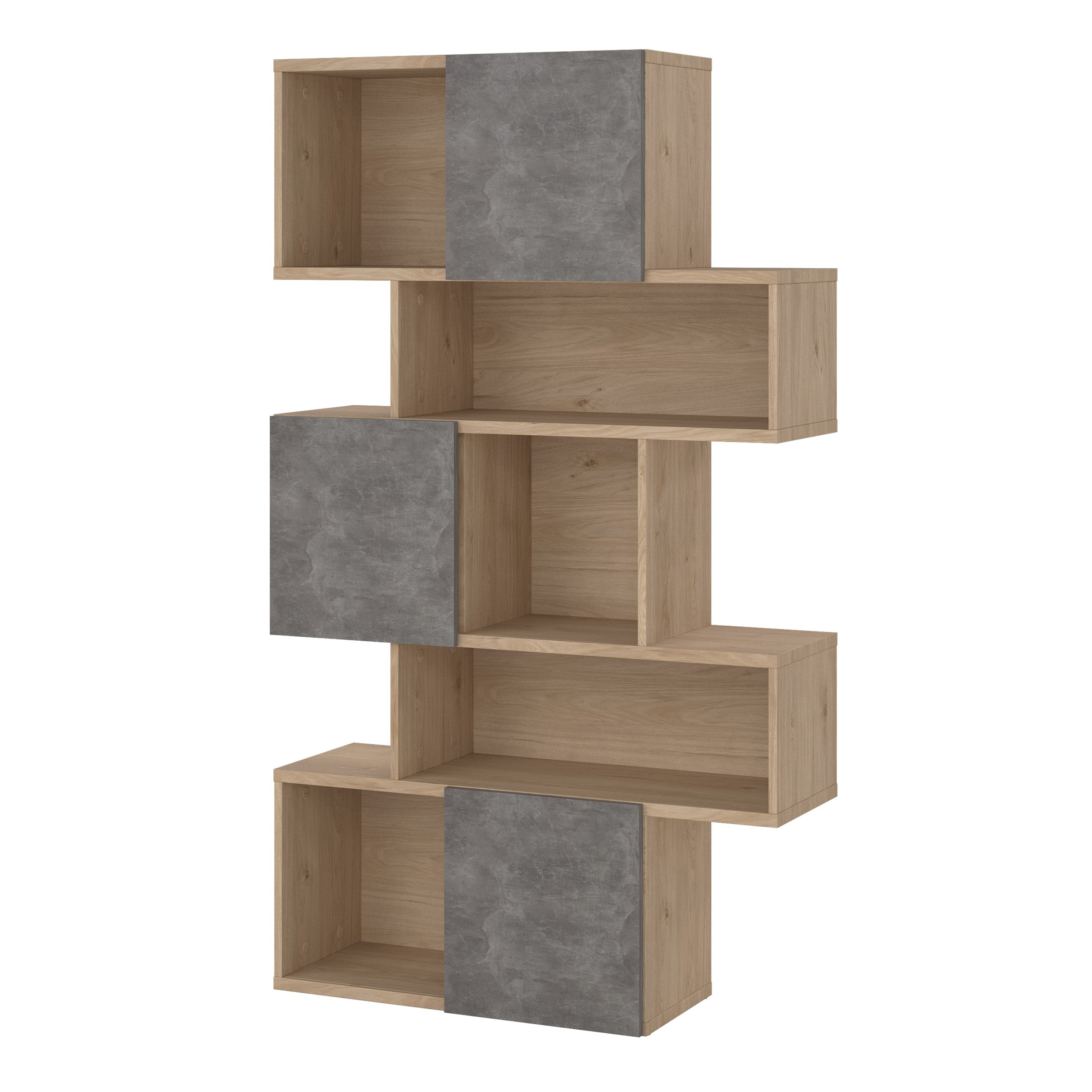 Maze Asymmetrical Bookcase with 3 Doors in Jackson Hickory and Concrete – FTG, view 3