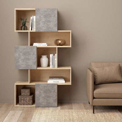 Maze Asymmetrical Bookcase with 3 Doors in Jackson Hickory and Concrete – FTG, view 6