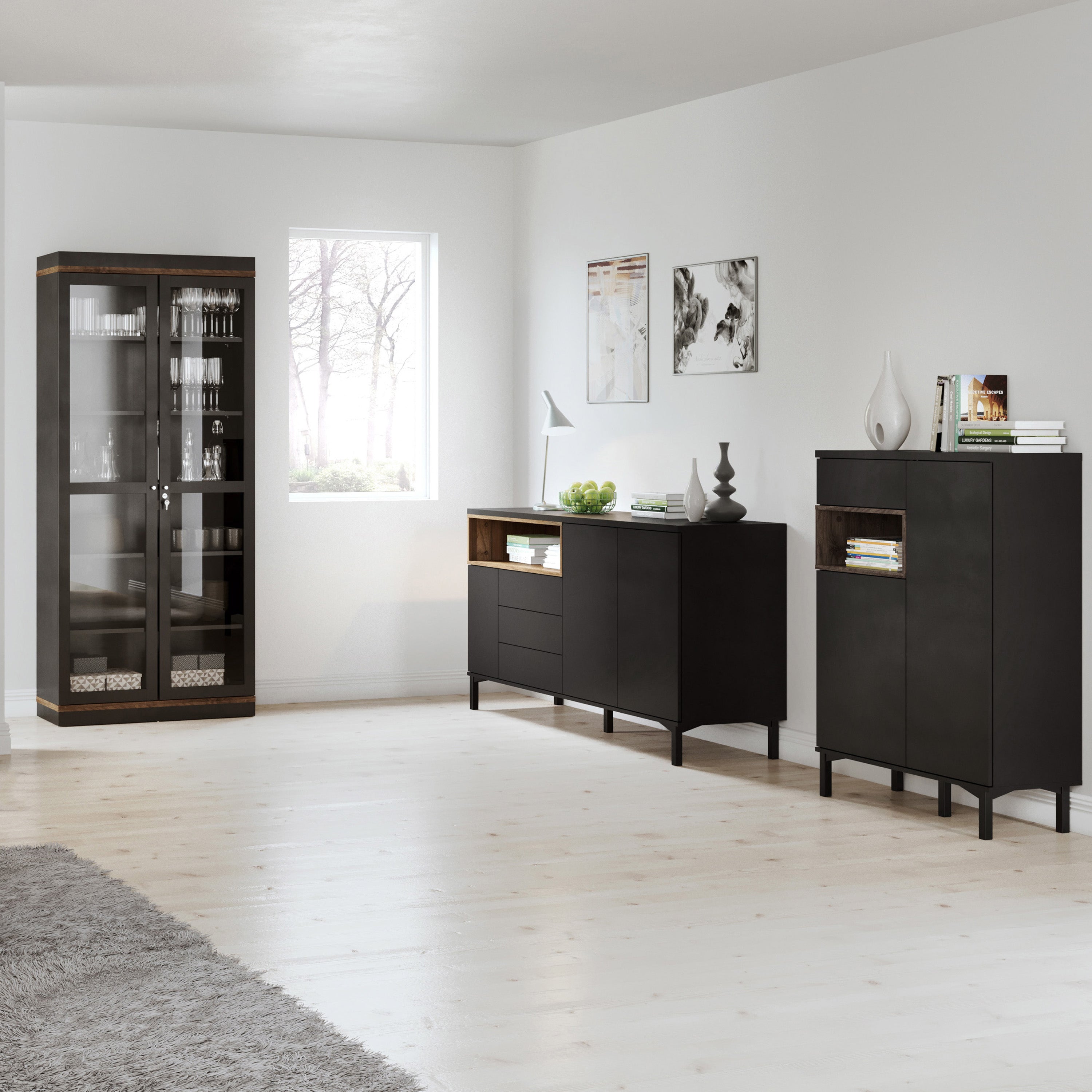 Roomers Display Cabinet Glazed 2 Doors in Black and Walnut – FTG, view 7