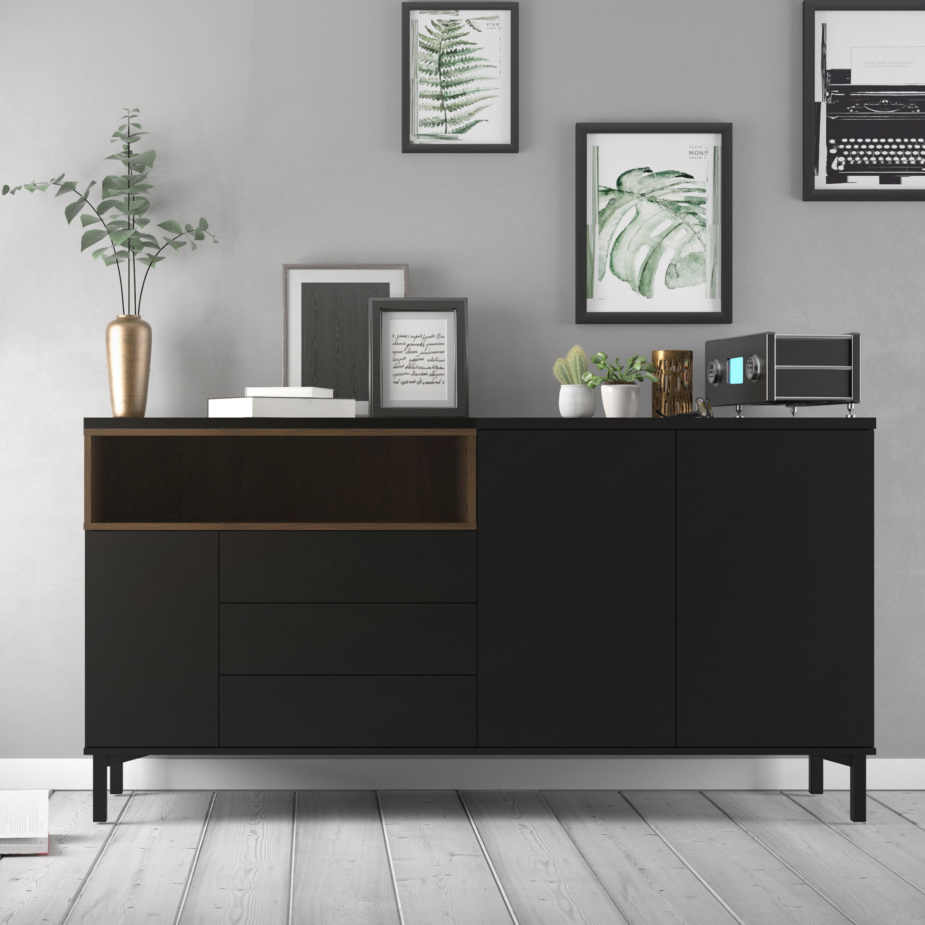 Roomers Sideboard 3 Drawers 3 Doors in Black and Walnut – FTG, view 5